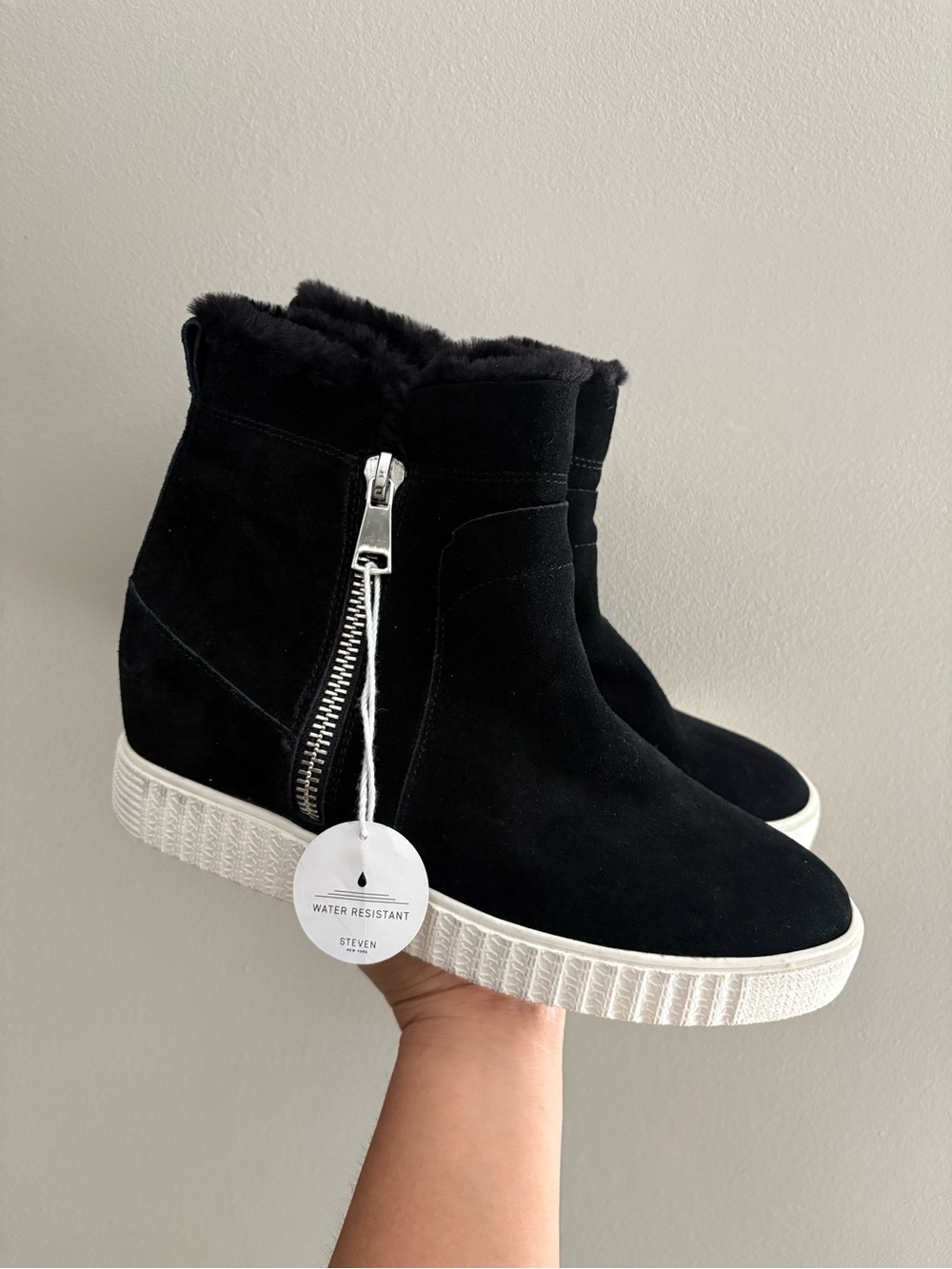 New Steven By Steve Madden Bamby Suede Faux Fur Wedge Bootie Size 9.5